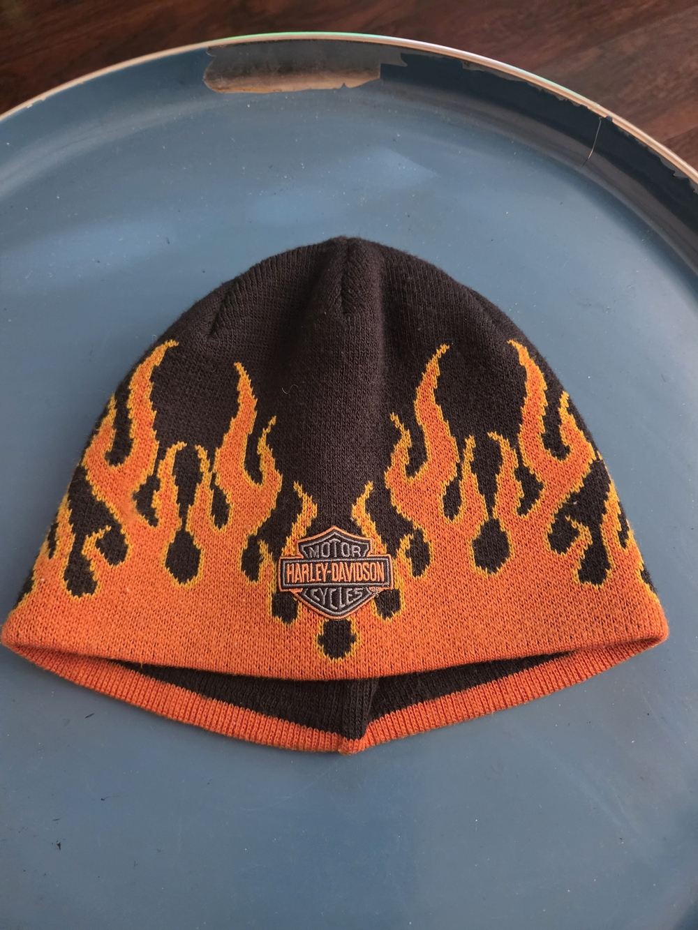 Vintage Harley-Davidson Orange and Black Flame Knit Beanie Hat